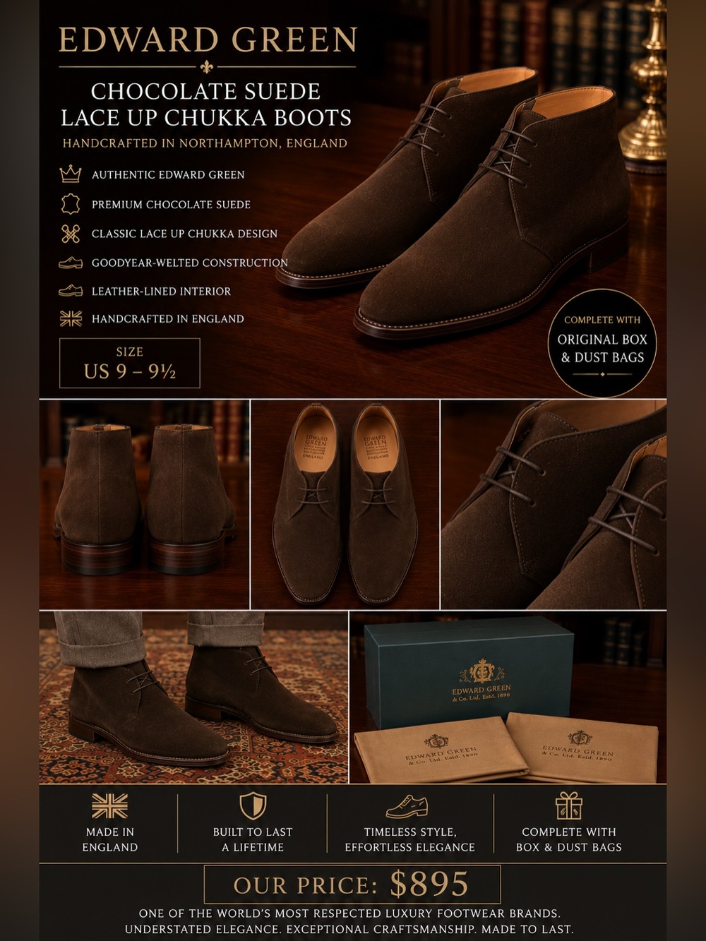 Edward Green Chocolate Brown Suede Lace-Up Chukka Boots